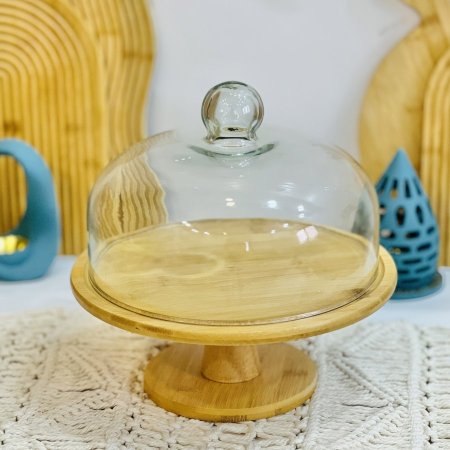 صحن ضيافة بامبو مدور غطاء زجاج قطر 30 سم