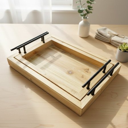 طقم صواني تقديم خشبية ريفية بمقابض معدنية سوداء