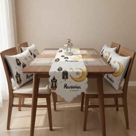 رنر طاولة و ٢ غلاف وسادة بتصميم رمضان كريم أبيض