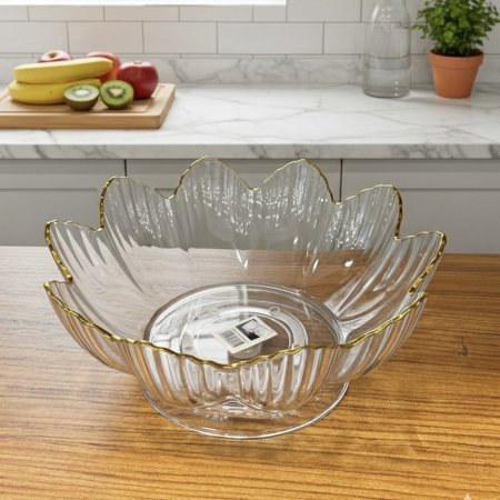 وعاء تقديم أكريليك دائري مموج بقاعدة وخط ذهبي