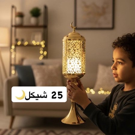فانوس ذهبي مضيء معدني مزخرف بنقوش هلال ونجوم