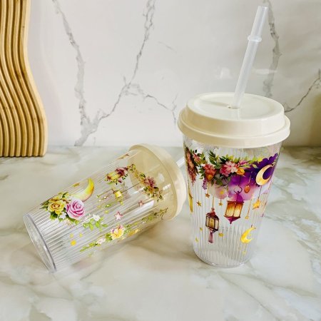 كاستين بلاستيك شفاف مع مصاصة برسومات رمضانية