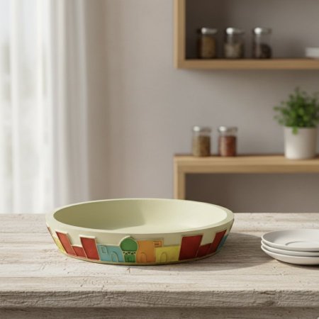 وعاء تقديم دائري بتصميم مدينة عربية ملونة