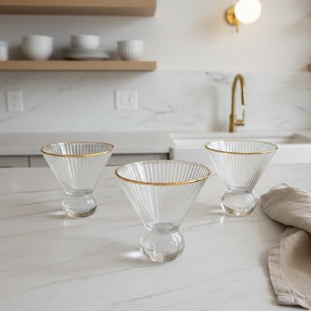 طقم ٦ كاسات بوظة وحلويات زجاجية بخطوط طولية مع حافة ذهبية وقاعدة كروية