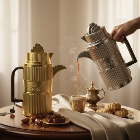 تيرموس قهوة مخطط بمقبض خشبي