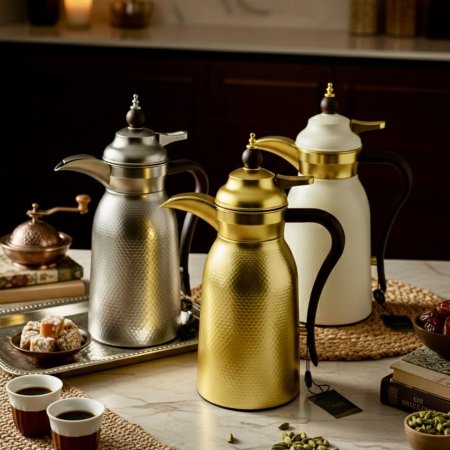 دلة قهوة بتصميم عربي تقليدي مع لمسات ذهبية وفضية ويد خشبية
