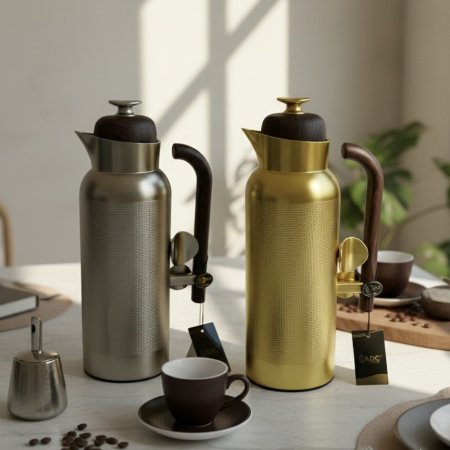 تيرموس قهوة بتصميم أنيق أسطواني ويد خشبية