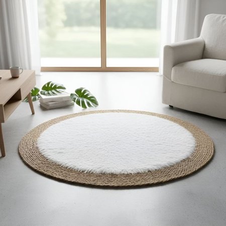 سجادة دائرية مزدوجة من القش والفرو الأبيض