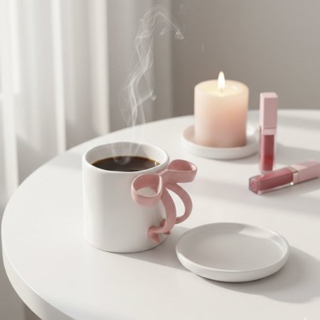 مج سيراميك أبيض مع مقبض على شكل فيونكة وردية