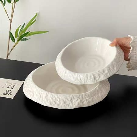 طقم 3 صحون ابيض سيراميك بنقش الصخور