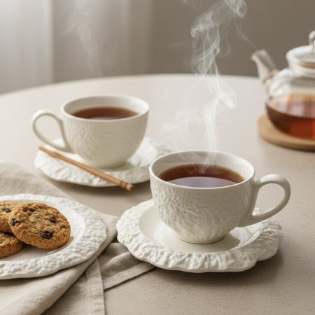 طقم كاسات شاي بورسلان وصحون بملمس بارز ولون ابيض