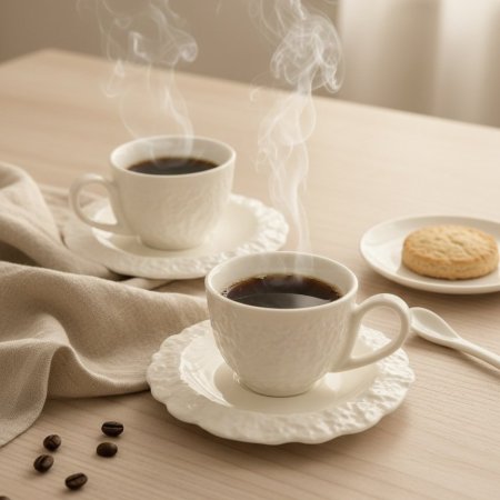 طقم فناجين قهوة بورسلان وصحون بملمس بارز ولون ابيض