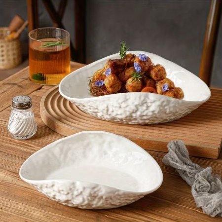 طقم أطباق تقديم بورسلان بيضاء ذات تصميم صخري