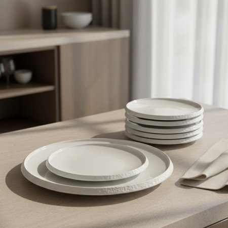 طقم صحون بورسلان ابيض بحافة ذات ملمس خشن