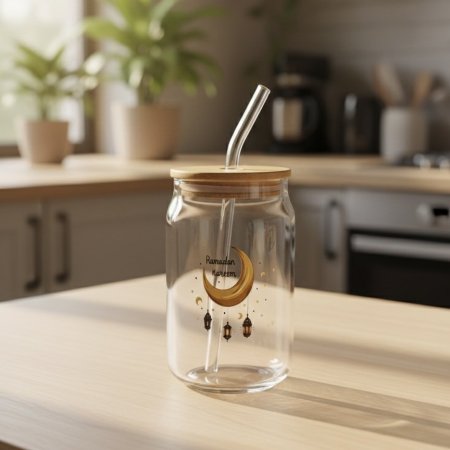 كوب زجاجي بغطاء من البامبو ومصاص زجاجي بتصميم رمضاني