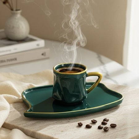 طقم فنجان قهوة وصحن من البورسلان باللون الأخضر مع حواف ذهبية
