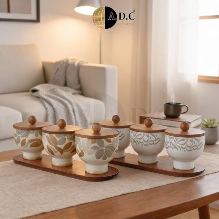 طقم علب مستديرة ٣ قطع مع صينية خشبية