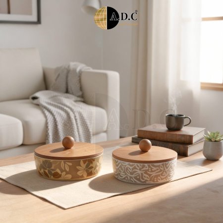 وعاء خزفي بغطاء خشبي حجم كبير