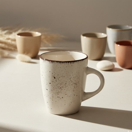 كوب مج لون بيج/أبيض مع بقع بنية صغيرة وحافة بنية اللون