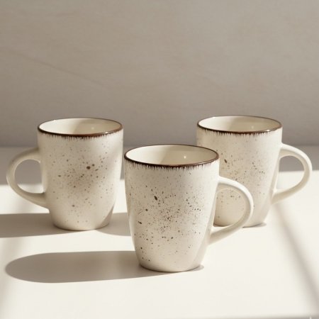 طقم كاسات شاي لون بيج/أبيض مع بقع بنية صغيرة وحافة بنية 12 قطعة