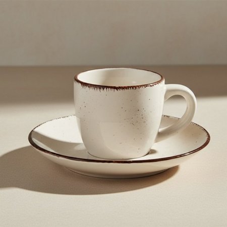 طقم فناجين من السيراميك الحجري لون بيج/أبيض مع بقع بنية صغيرة وحافة بنية 12 قطعة