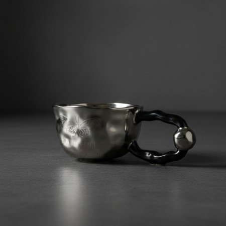 مج سيراميك فضي معدني بنقش فراشة بارز ومقبض أسود