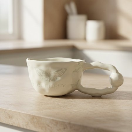 مج سيراميك أبيض بنقش فراشة