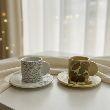 طقم فناجين قهوة بورسلان مع صحون بنقوش مميزة 12 قطعة