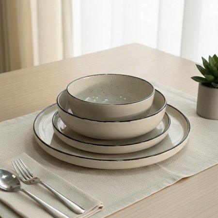 طقم صحون سيراميك بيج منقط مع حافة سوداء ٢٤ قطعة