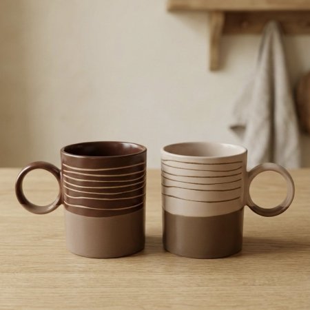 طقم أكواب بورسلان حجم كبير بتصميم مخطط بلونين ٦ قطع