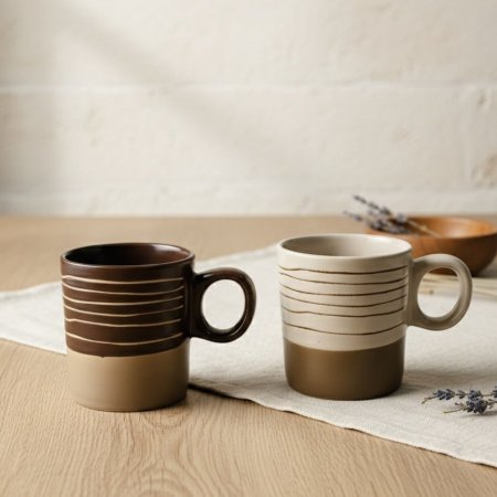 طقم أكواب بورسلان بتصميم مخطط بلونين ١٢ قطعة