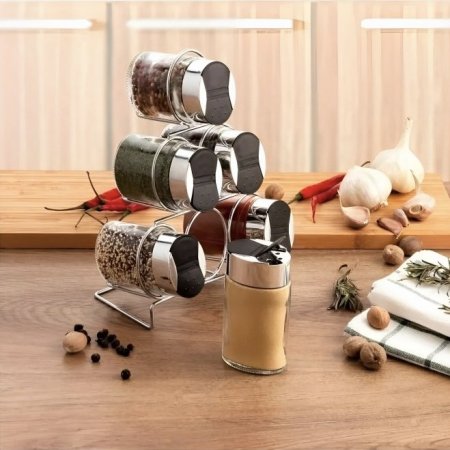 طقم بهارات زجاجي مع ستاند من الستانلس ستيل 6 قطع