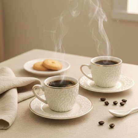 طقم فناجين قهوة بورسلان ابيض بتصميم بارز مزخرف وخطوط ذهبية