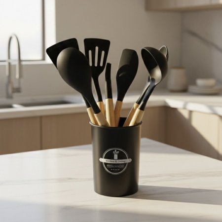 طقم كفاكير سيليكون مع يد خشبية وعلبة اسطوانية