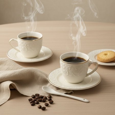 طقم فناجين قهوة بورسلان مزخرف ابيض بإطار ذهبي