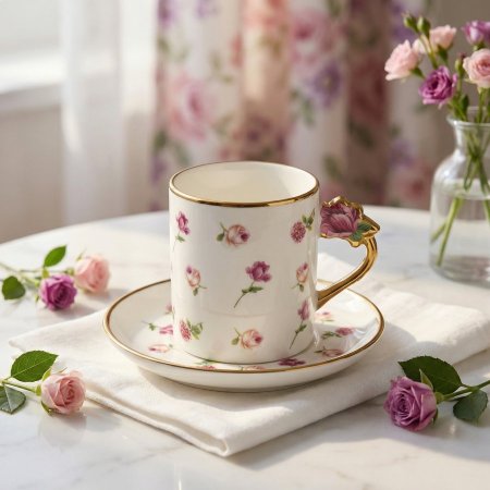 طقم فناجين شاي بنقوش ورد جوري