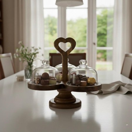 مضيفة خشب 3 اقسام مع غطاء زجاج وقاعدة خشبية