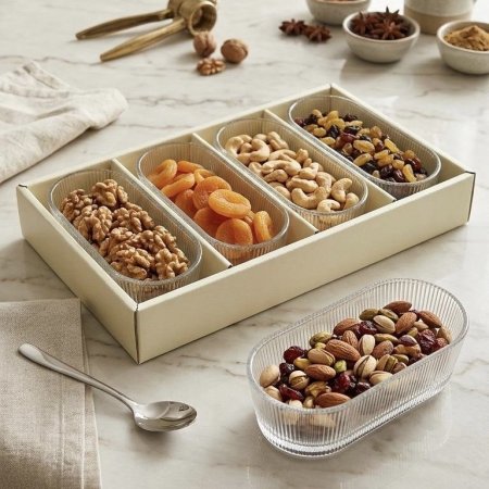 طقم صحون تقديم زجاجية بيضاوية بخطوط بارزة