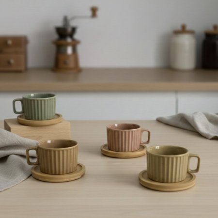 مج سيراميك منقط مع قاعدة خشبية