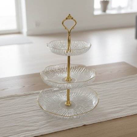 مضيفة حلويات أكريليك 3 طبقات مع حواف ذهبية