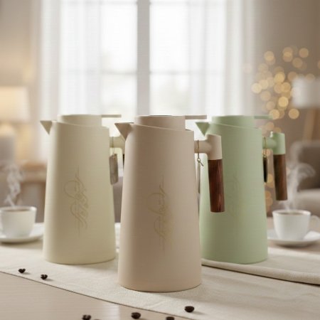 تيرموس قهوة مزخرف بخط عربي مع يد خشبية