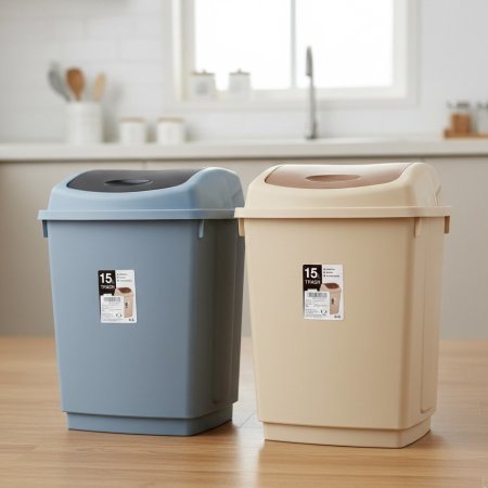 سلة مهملات بلاستيكية مع غطاء متأرجح