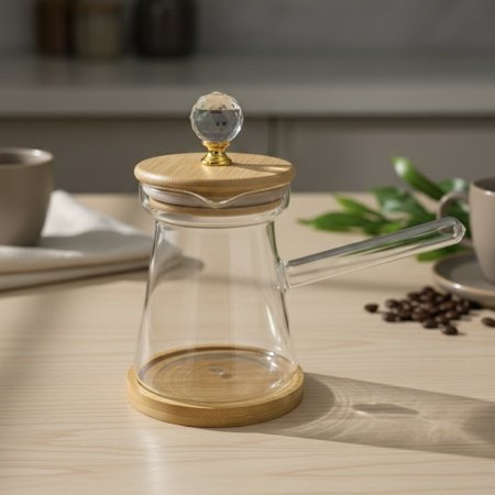 بكرج قهوة زجاجي حراري مع غطاء وقاعدة خشبية