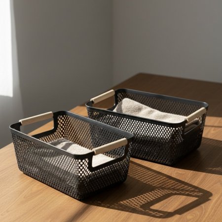 سلة تنظيم بلاستيك سوداء بتصميم شبكي ومقابض خشبية