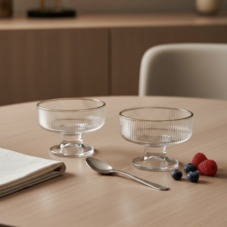 كاسات زجاج مضلعة مع حافة ذهبية لتقديم الحلويات