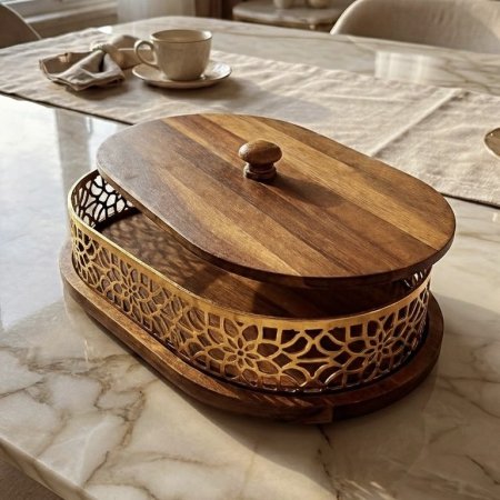 مضيفة خشب بيضاوي مع اطراف نقش CNC مع غطاء