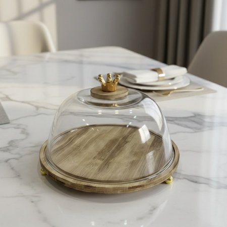 مضيفة بقاعدة خشبية وغطاء زجاج شفاف