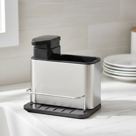 مصفاة 3 في 1 من الستانلس ستيل موزع مضخة صابون مع حامل ليفة