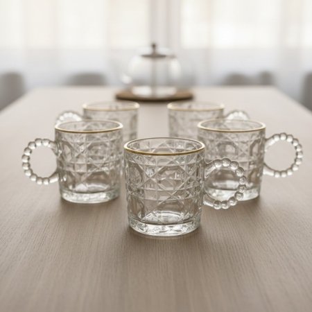 طقم فناجين قهوة و شاي حجم صغير بنقوش هندسية بارزة وحافة ذهبية