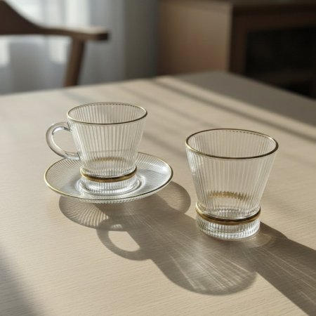 طقم فناجين شاي وقهوة زجاجي بتصميم مضلع طولي مع حواف ذهبية